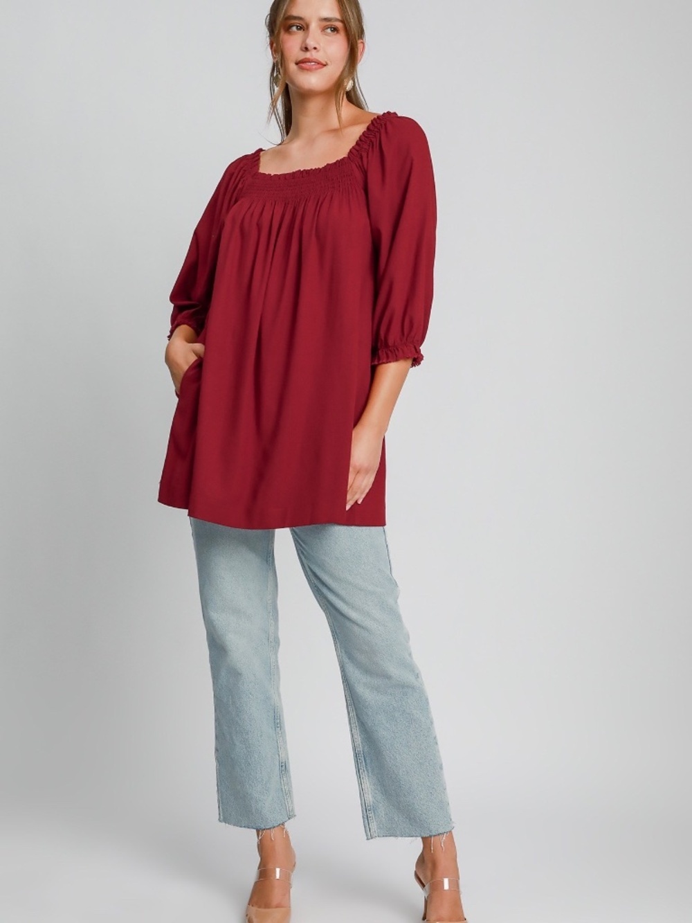 Umgee Wine Linen Blend Off Shoulder Tunic Dress Pockets NWT